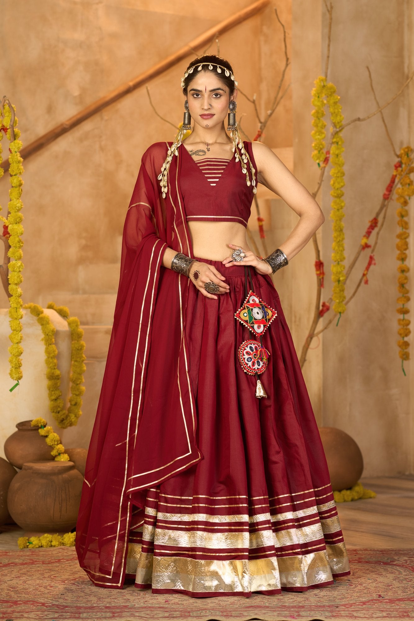 Women's Maroon Silk Crepe Lace Work Semi Stitched Lehenga Choli With Dupatta (Nav_53_Maroon)