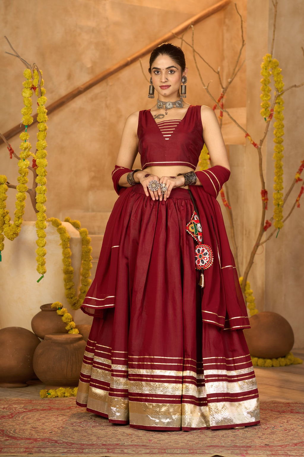 Women's Maroon Silk Crepe Lace Work Semi Stitched Lehenga Choli With Dupatta (Nav_53_Maroon)