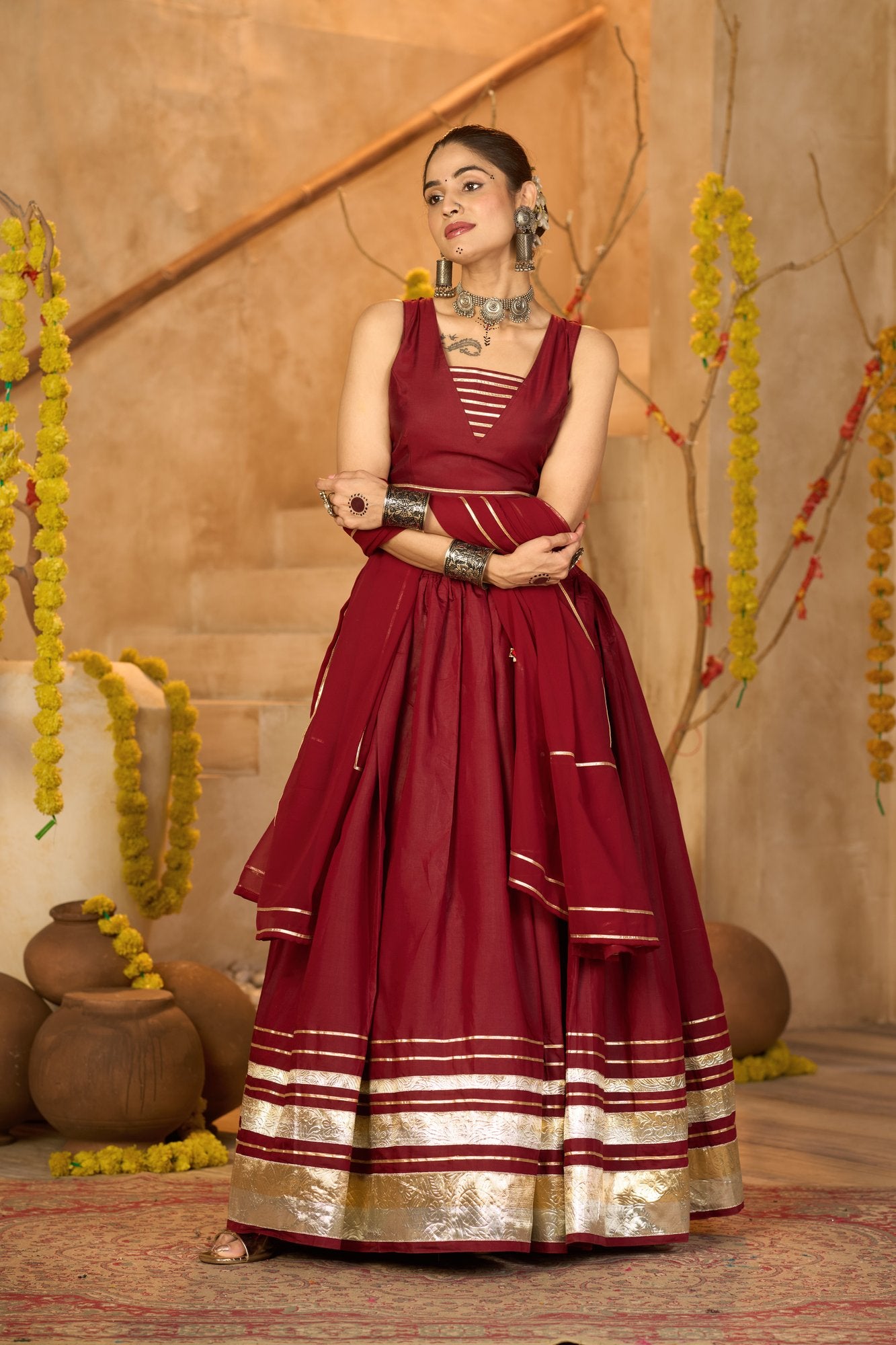 Women's Maroon Silk Crepe Lace Work Semi Stitched Lehenga Choli With Dupatta (Nav_53_Maroon)