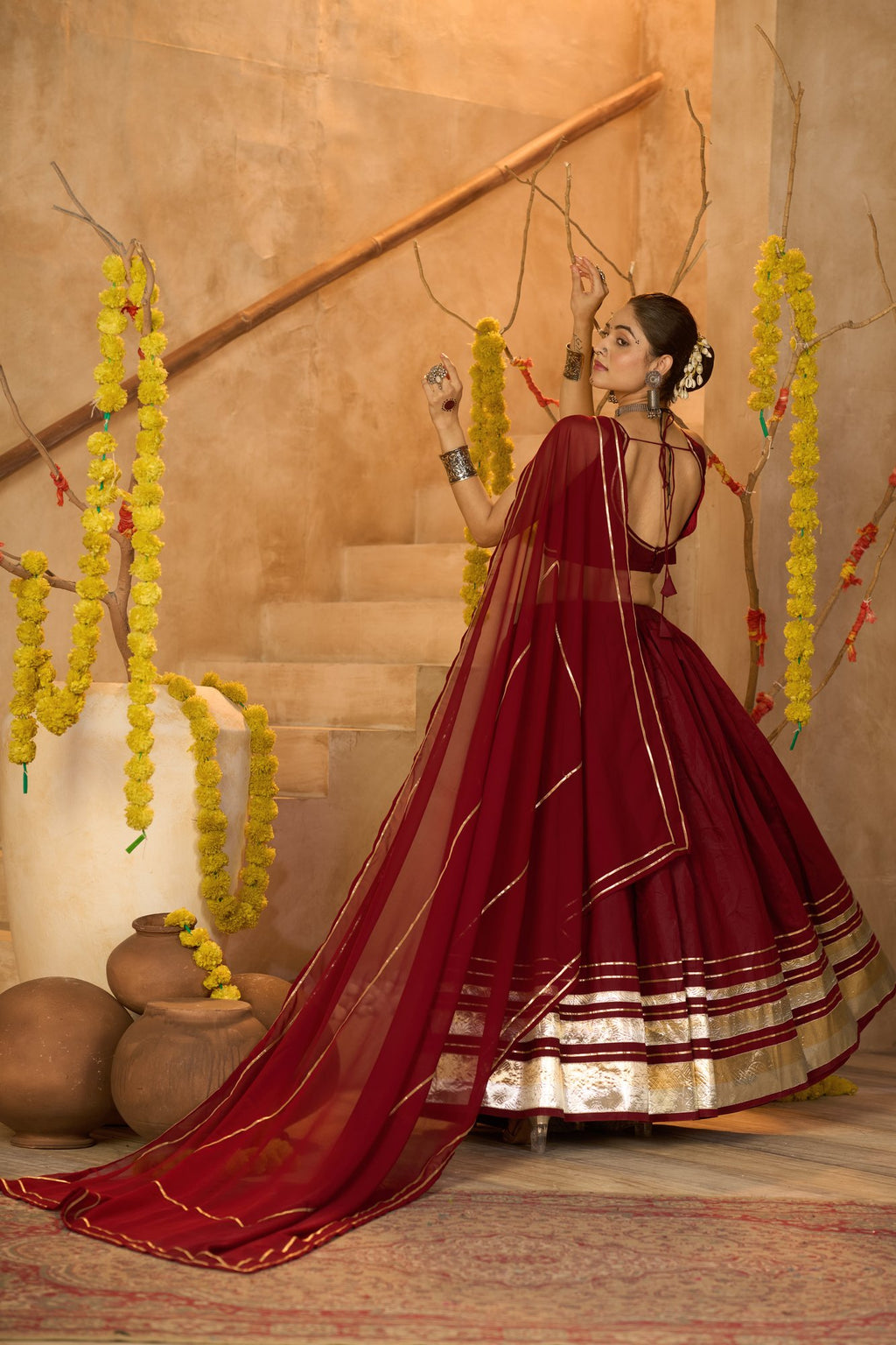 Women's Maroon Silk Crepe Lace Work Semi Stitched Lehenga Choli With Dupatta (Nav_53_Maroon)
