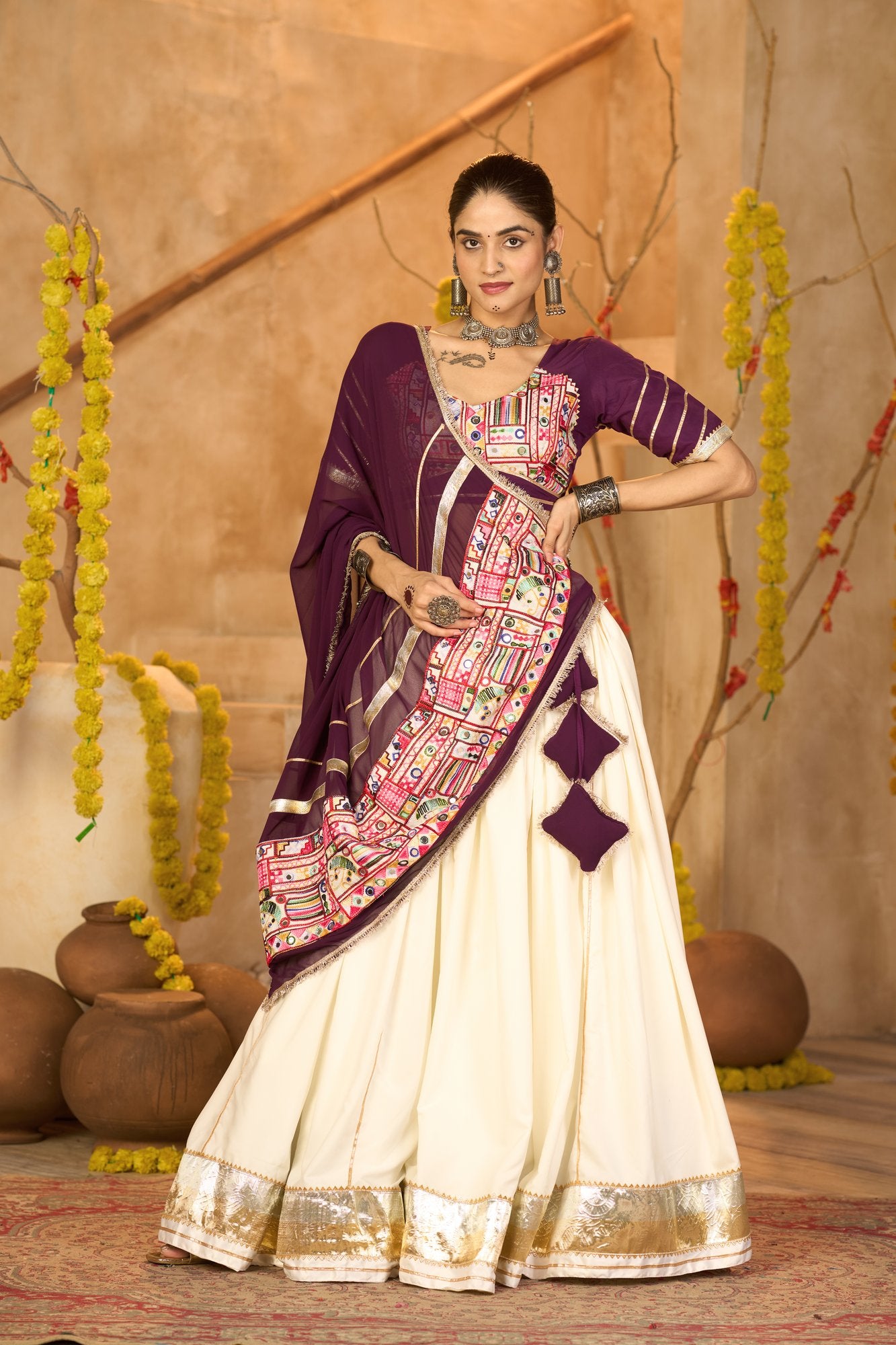 Women's Off White Crepe Traditional Kutchi Embroidery with Mirror Work Semi Stitched Lehenga Choli With Dupatta (Nav_54_Off White)