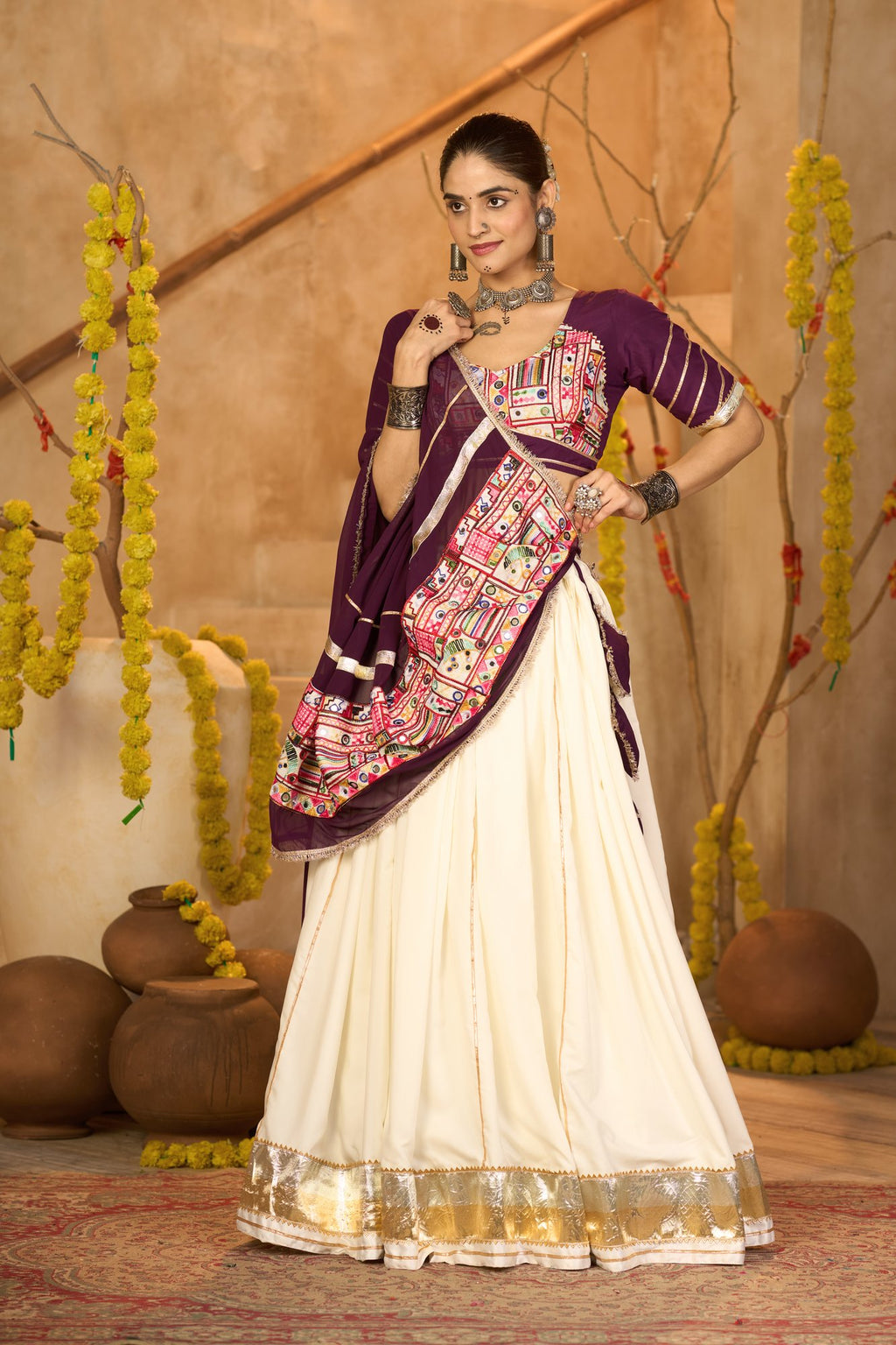 Women's Off White Crepe Traditional Kutchi Embroidery with Mirror Work Semi Stitched Lehenga Choli With Dupatta (Nav_54_Off White)
