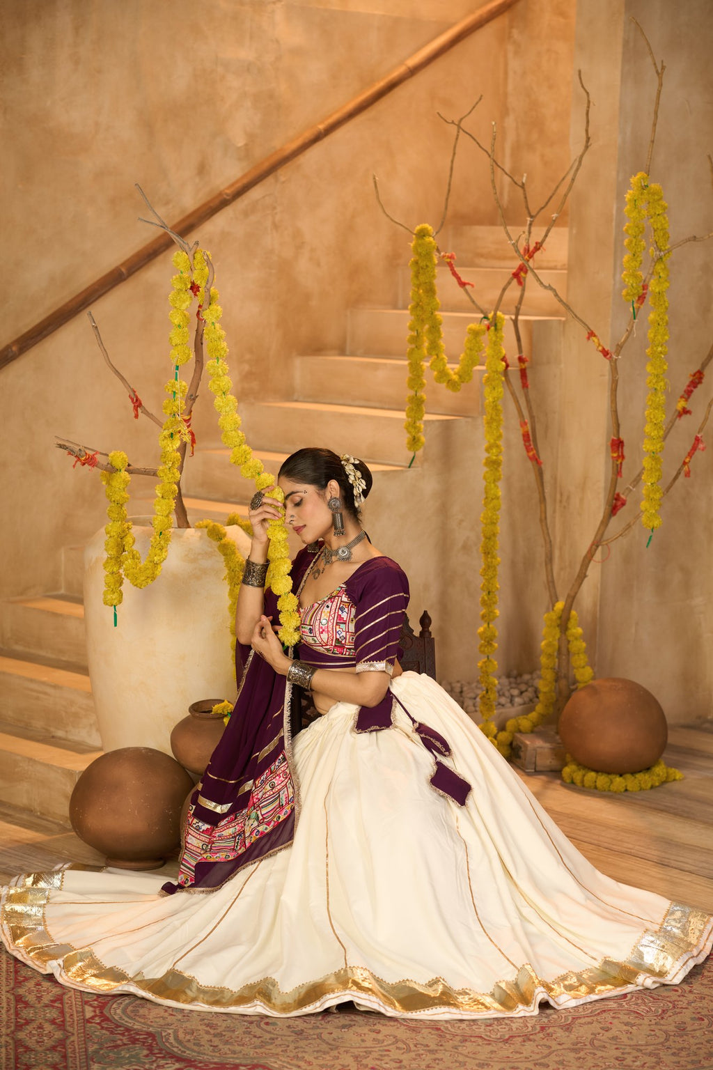 Women's Off White Crepe Traditional Kutchi Embroidery with Mirror Work Semi Stitched Lehenga Choli With Dupatta (Nav_54_Off White)
