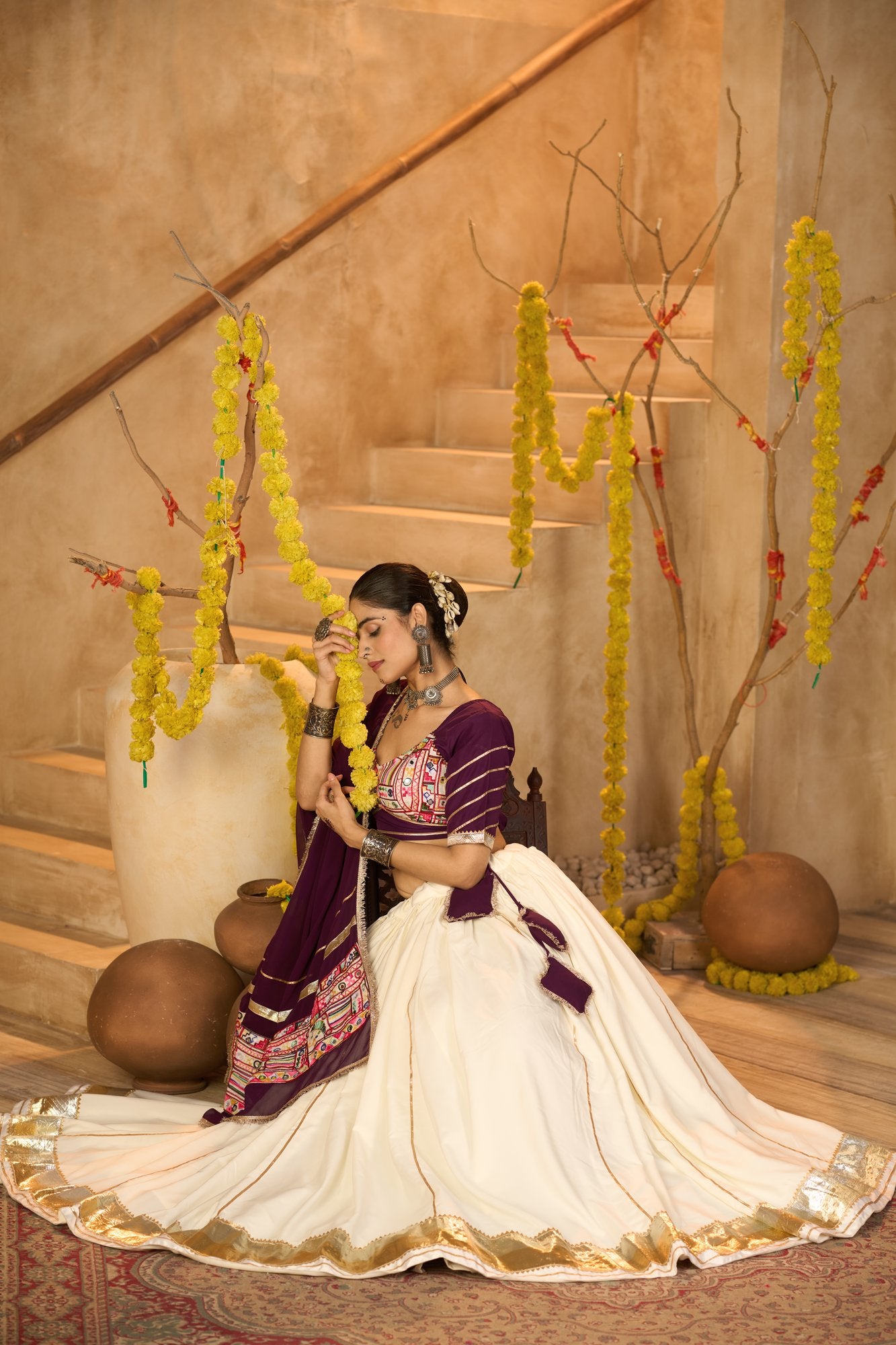 Women's Off White Crepe Traditional Kutchi Embroidery with Mirror Work Semi Stitched Lehenga Choli With Dupatta (Nav_54_Off White)