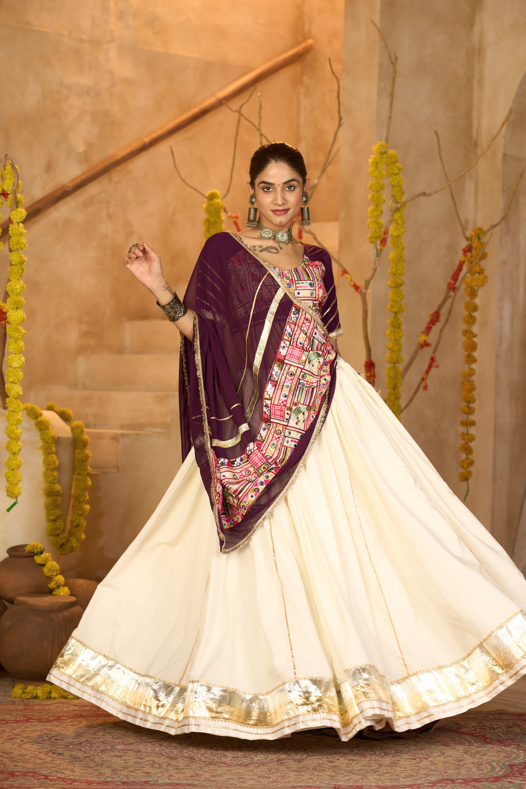 Women's Off White Crepe Traditional Kutchi Embroidery with Mirror Work Semi Stitched Lehenga Choli With Dupatta (Nav_54_Off White)