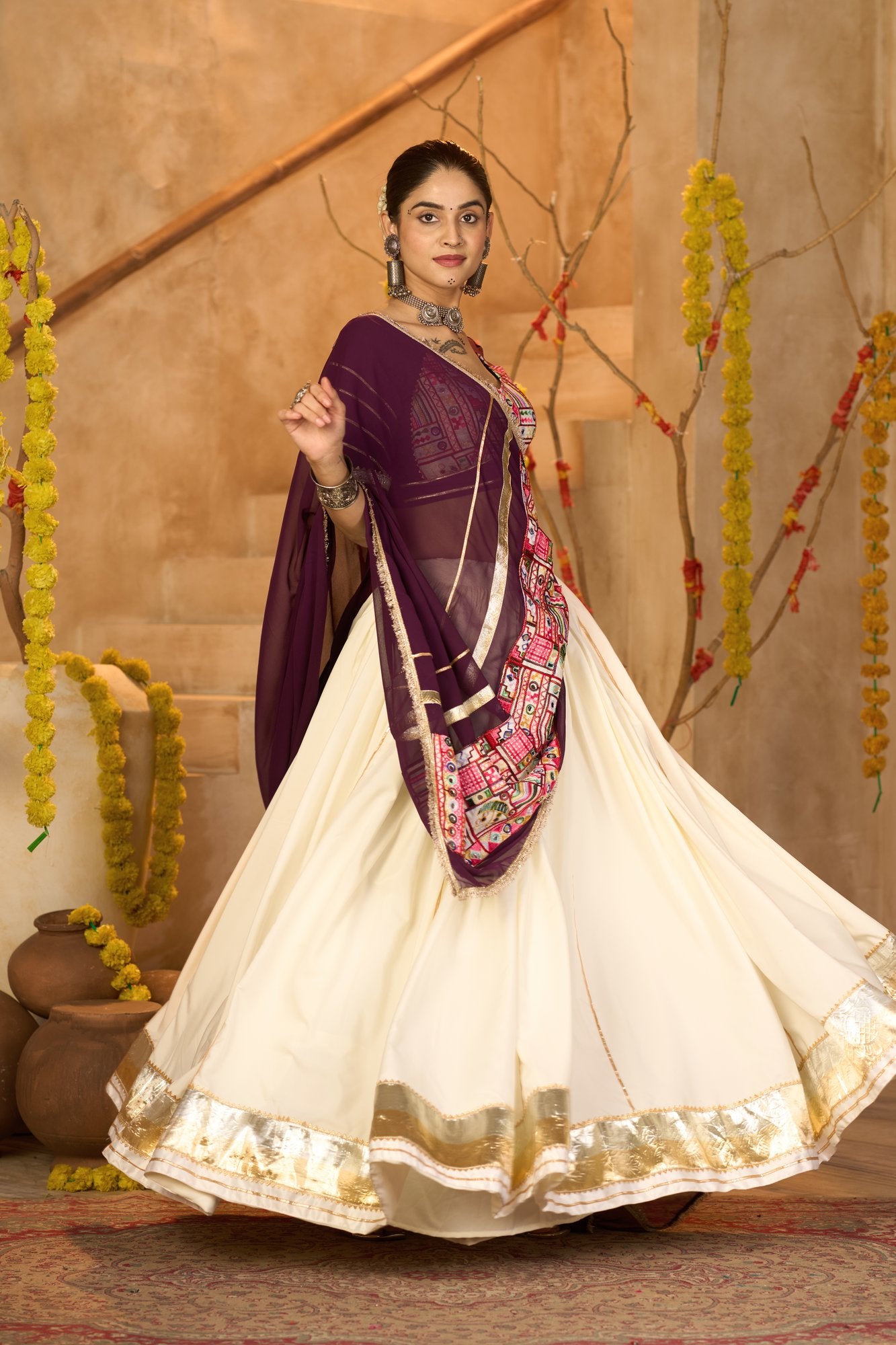 Women's Off White Crepe Traditional Kutchi Embroidery with Mirror Work Semi Stitched Lehenga Choli With Dupatta (Nav_54_Off White)