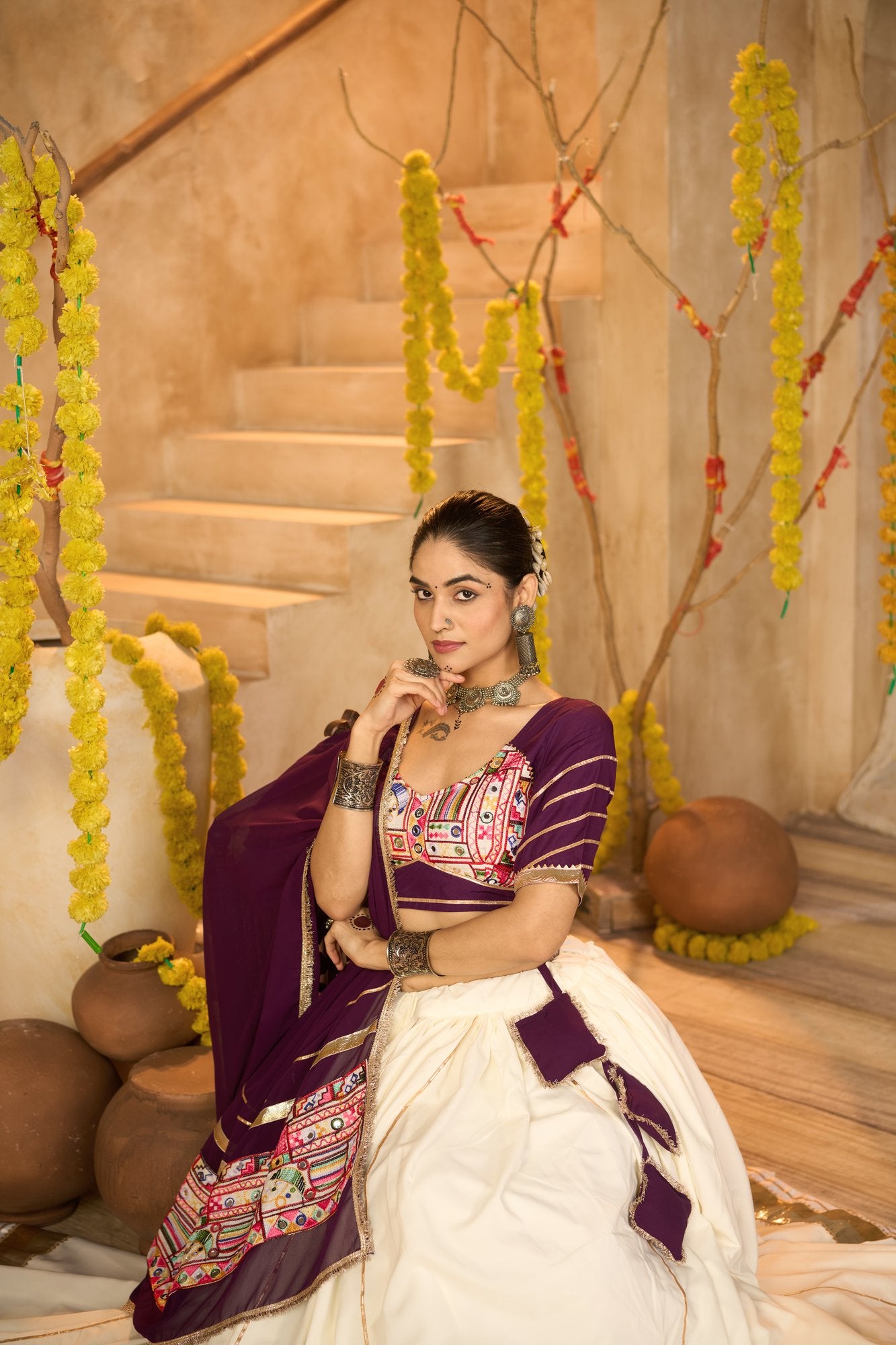 Women's Off White Crepe Traditional Kutchi Embroidery with Mirror Work Semi Stitched Lehenga Choli With Dupatta (Nav_54_Off White)