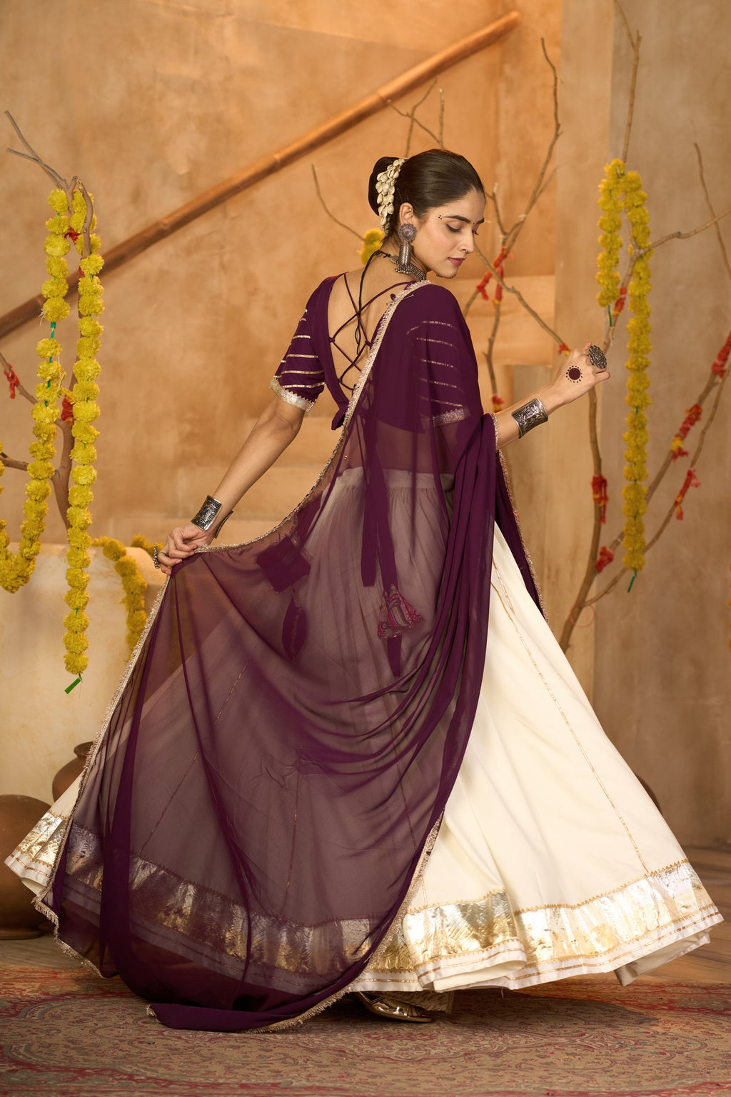Women's Off White Crepe Traditional Kutchi Embroidery with Mirror Work Semi Stitched Lehenga Choli With Dupatta (Nav_54_Off White)