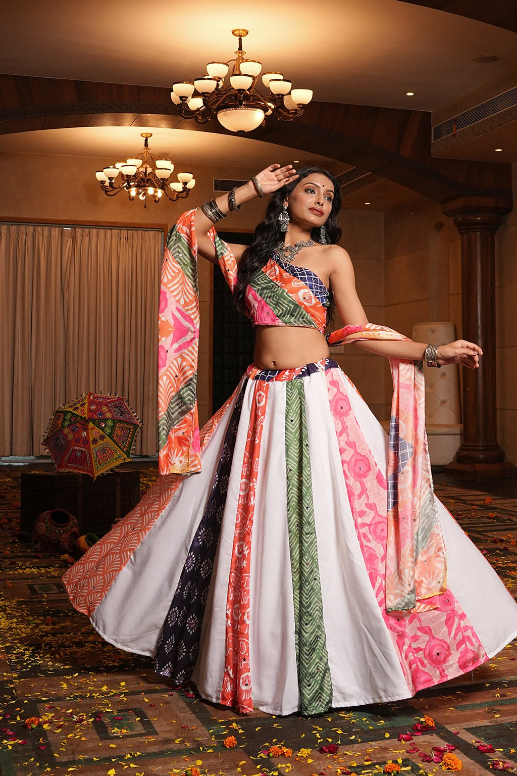 Women's Multi Crepe Printed Work Semi Stitched Lehenga Choli With Dupatta (Nav_55_Multi)