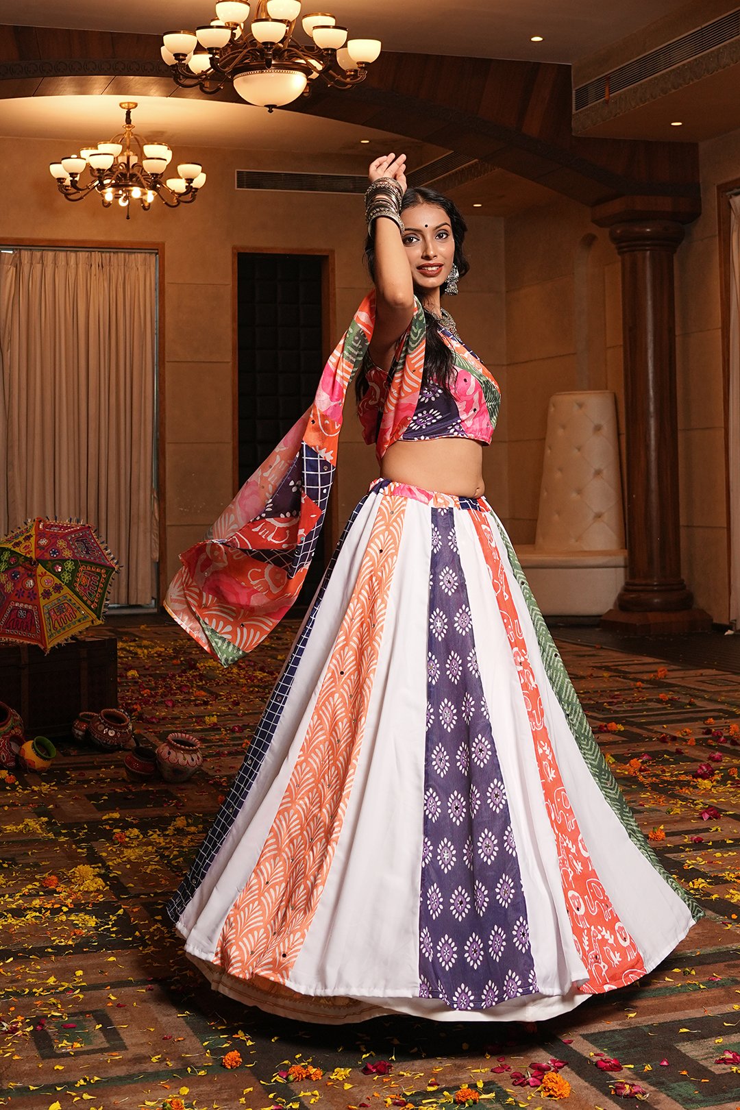 Women's Multi Crepe Printed Work Semi Stitched Lehenga Choli With Dupatta (Nav_55_Multi)