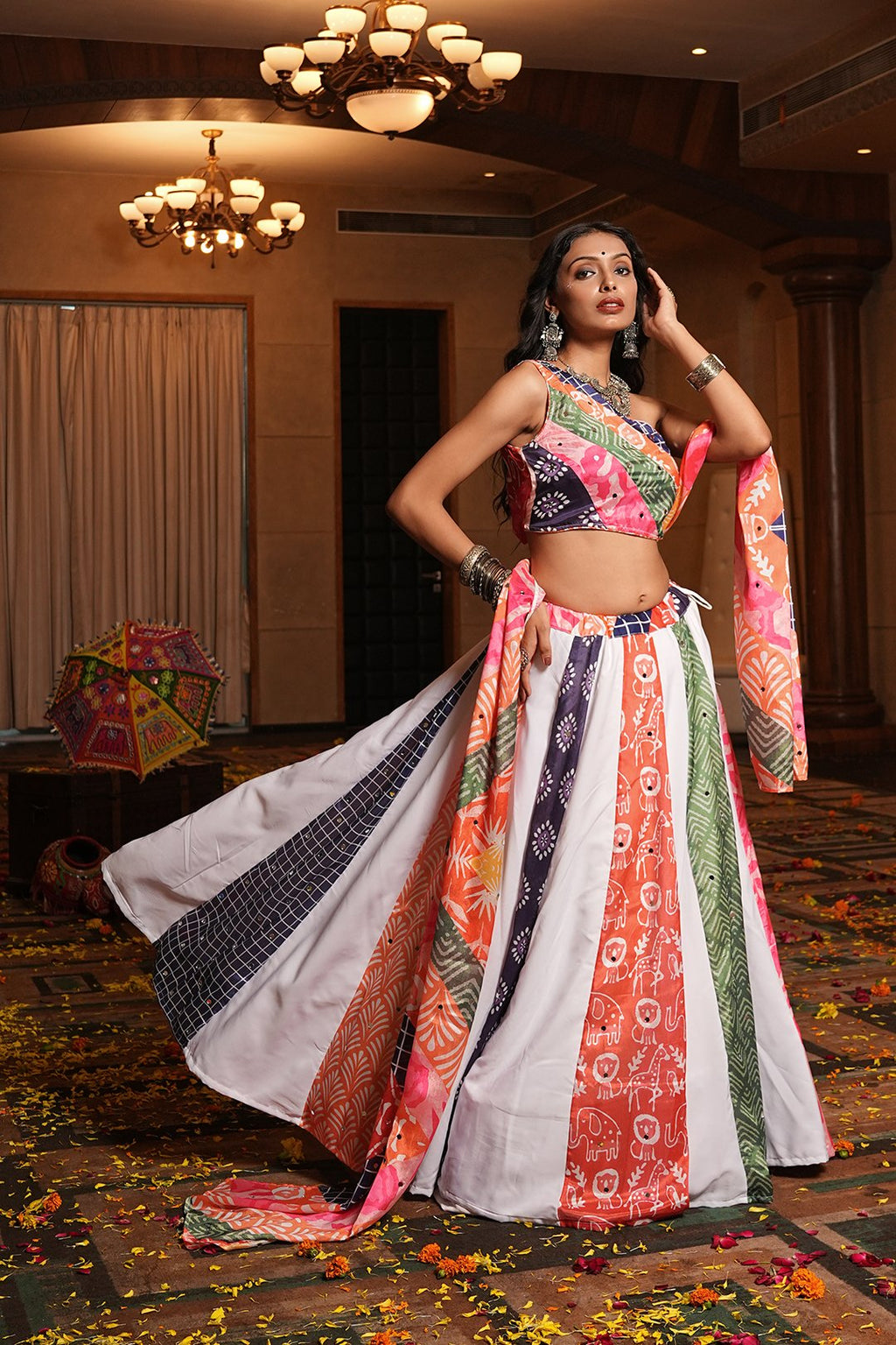 Women's Multi Crepe Printed Work Semi Stitched Lehenga Choli With Dupatta (Nav_55_Multi)