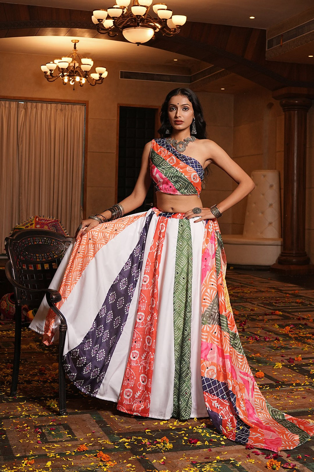 Women's Multi Crepe Printed Work Semi Stitched Lehenga Choli With Dupatta (Nav_55_Multi)