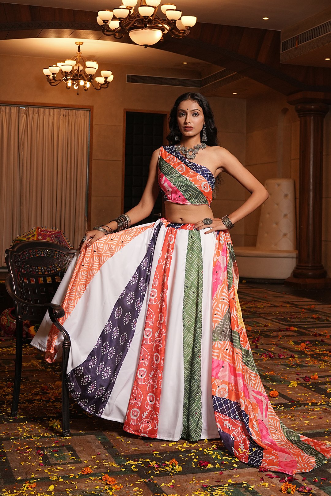 Women's Multi Crepe Printed Work Semi Stitched Lehenga Choli With Dupatta (Nav_55_Multi)