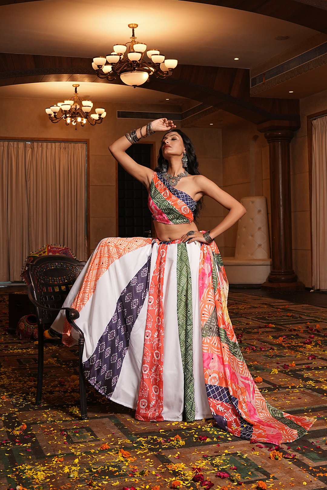 Women's Multi Crepe Printed Work Semi Stitched Lehenga Choli With Dupatta (Nav_55_Multi)