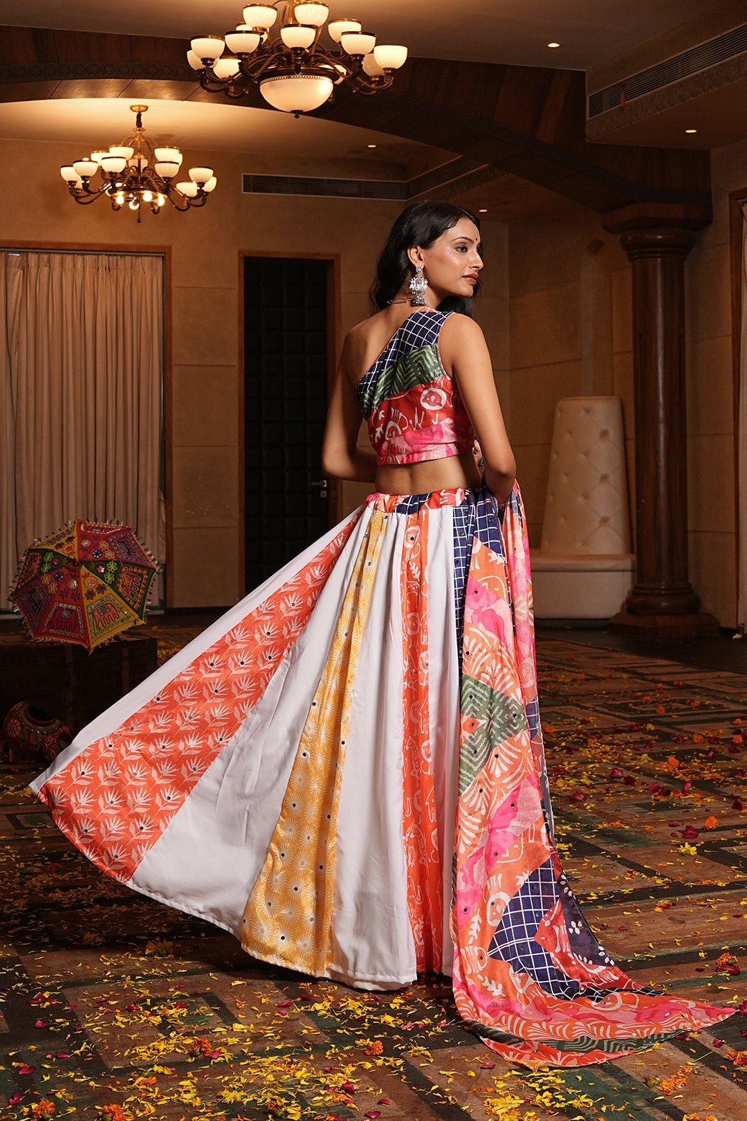 Women's Multi Crepe Printed Work Semi Stitched Lehenga Choli With Dupatta (Nav_55_Multi)